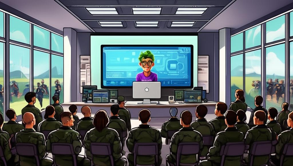 A group of professionals engaged in a collaborative tech boot camp, listening to a speaker at a podium with digital devices and data visuals in the background.